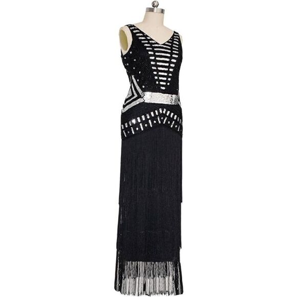 ✨🖤 Flapper Great Gatsby 1920s Retro Tassel Fringe Sequin Black Dress SIZE M NWT - Picture 7 of 17